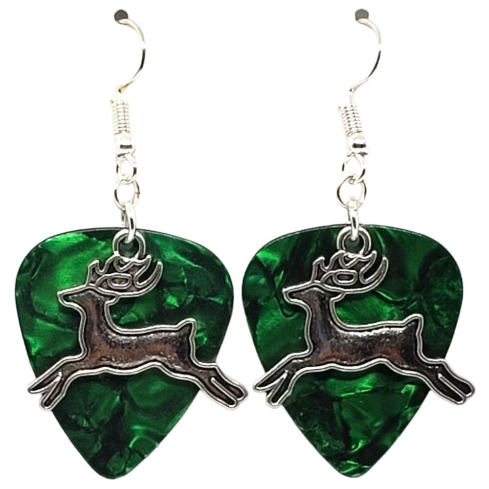 Hunting Deer Charm on Guitar Pick Earrings - Choose Color - Handmade in USA